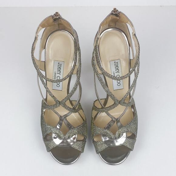 Jimmy Choo Metallic Sparkle & Leather Vermeil Caged Strappy Heel Sandals - Picture 5 of 10